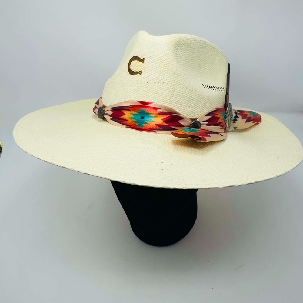 Charlie 1 Horse Hissy Fit Straw Cowboy Hat Medium Aztec Turquoise Concho Feather